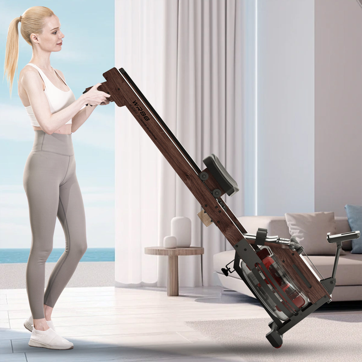 LESUNFIT Water Rowing Machine Made of Solid Wood (Oak), 30 Days Kinomap, Bluetooth Monitor, 150 kg Load Capacity