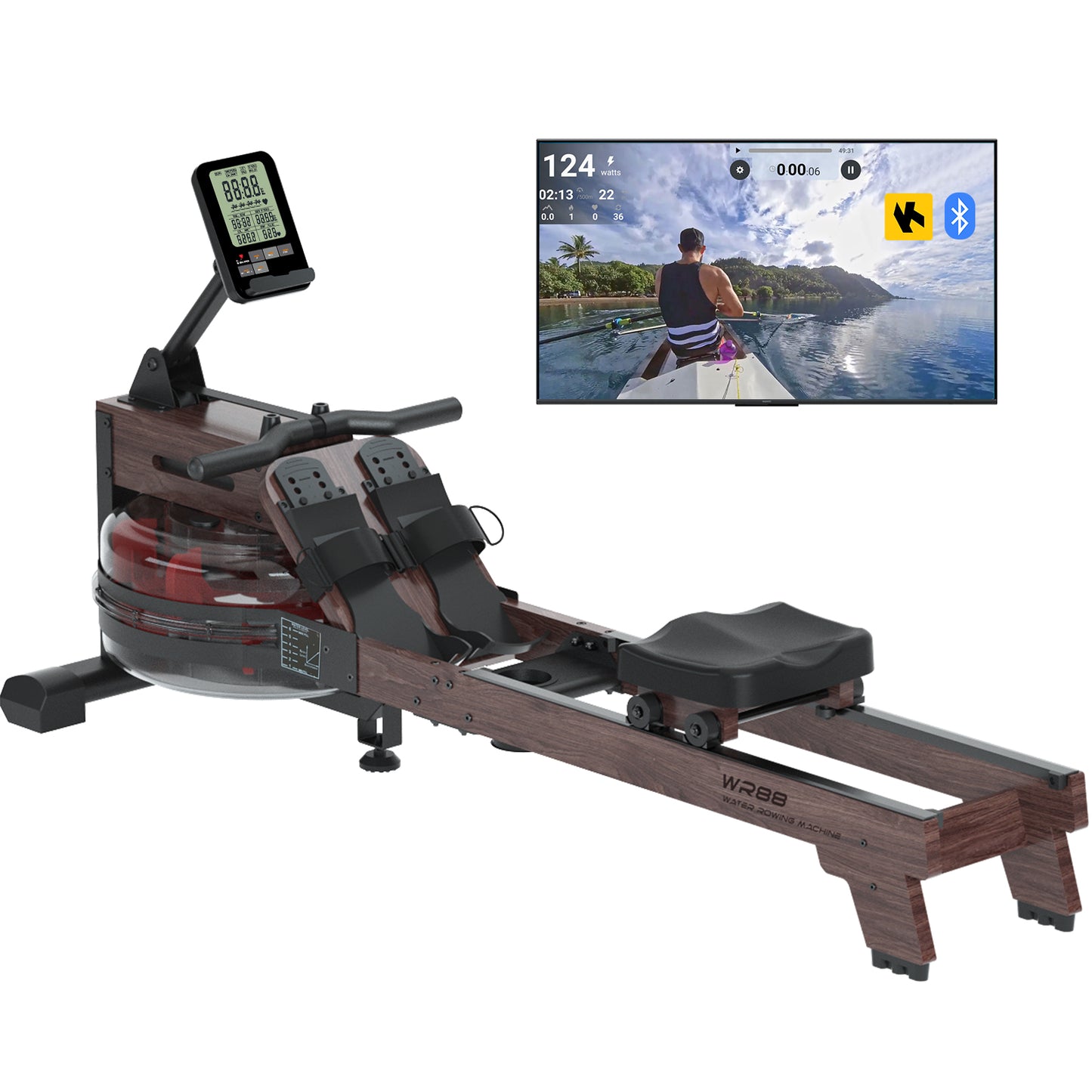 LESUNFIT Water Rowing Machine Made of Solid Wood (Oak), 30 Days Kinomap, Bluetooth Monitor, 150 kg Load Capacity