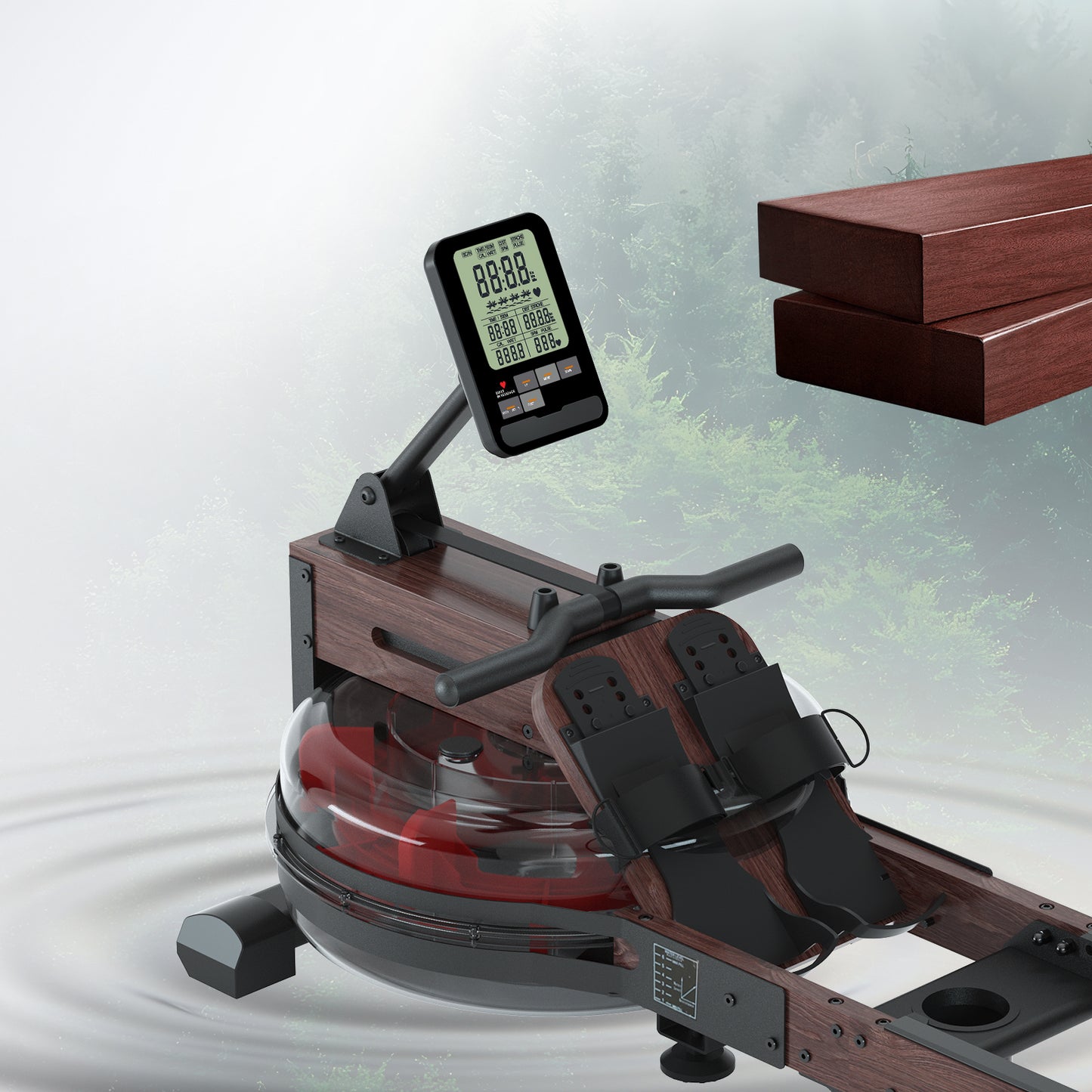 LESUNFIT Water Rowing Machine Made of Solid Wood (Oak), 30 Days Kinomap, Bluetooth Monitor, 150 kg Load Capacity