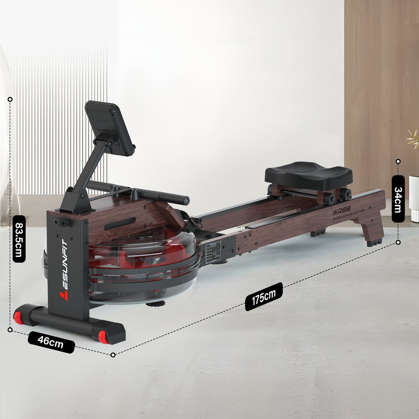 LESUNFIT Water Rowing Machine Made of Solid Wood (Oak), 30 Days Kinomap, Bluetooth Monitor, 150 kg Load Capacity