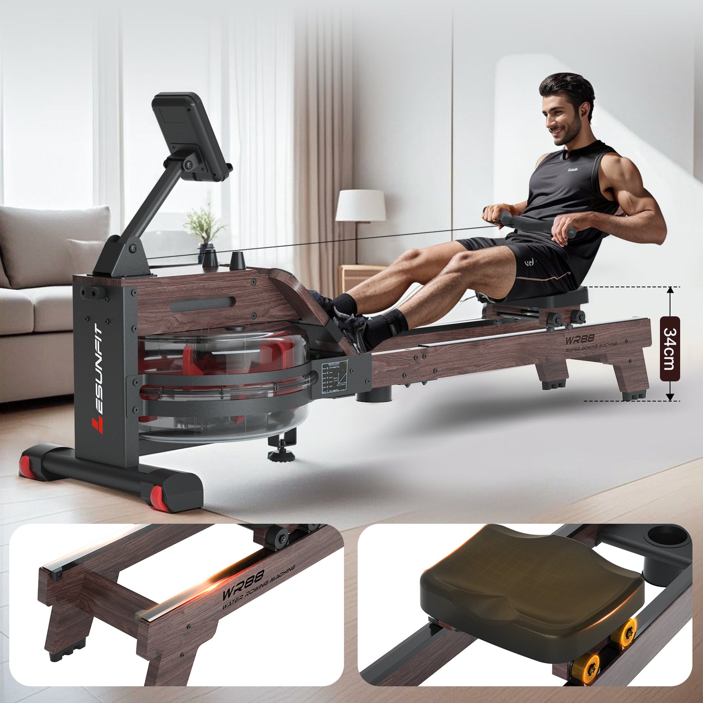 LESUNFIT Water Rowing Machine Made of Solid Wood (Oak), 30 Days Kinomap, Bluetooth Monitor, 150 kg Load Capacity